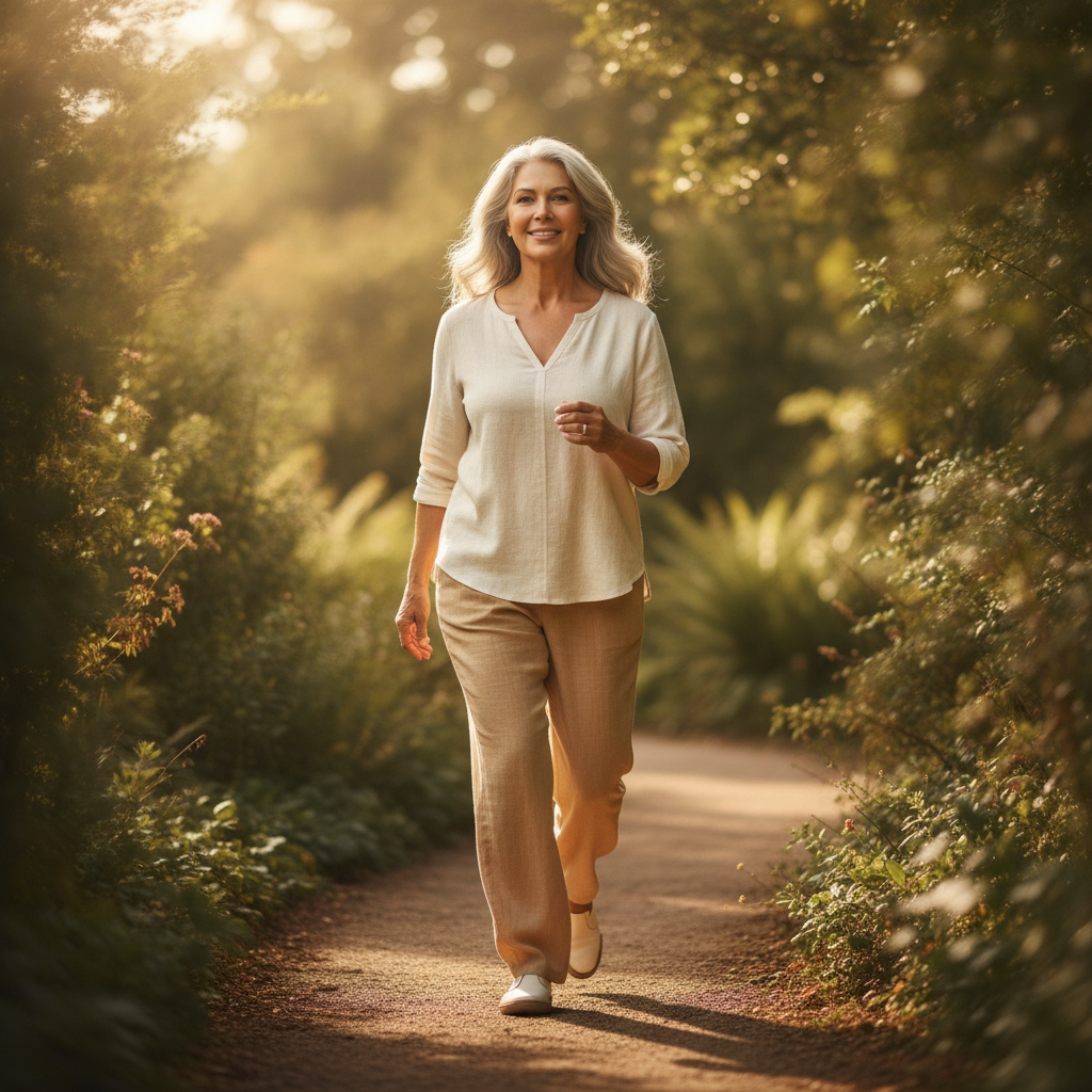 A strong woman in her sixties walking outdoors