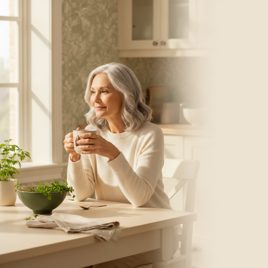 A radiant woman in her late fifties with healthy skin and silver hair