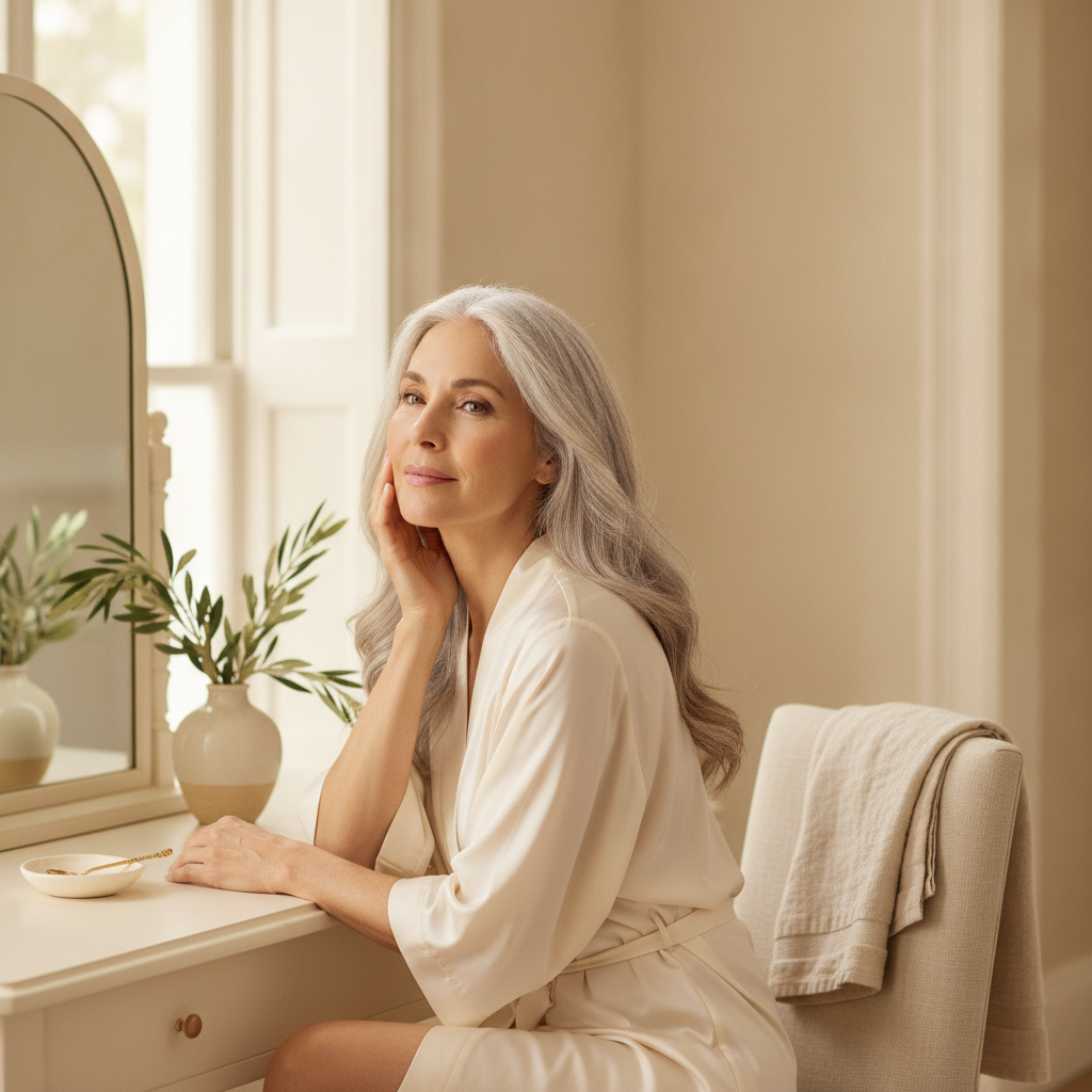 A radiant woman in her late fifties with healthy skin and silver hair